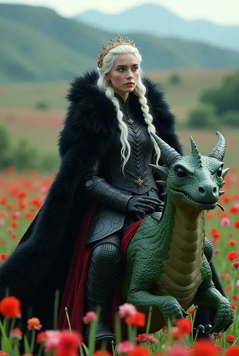 A young Targaryen on the back of a two-legged green dragon flying over a field of flowers.work of art, impressive of a woman khls,  wearing armor and a gothic photo portrait (helmet:1.2), Black Gothic Armor, (intricate black poncho with hood:1.27), lace go...