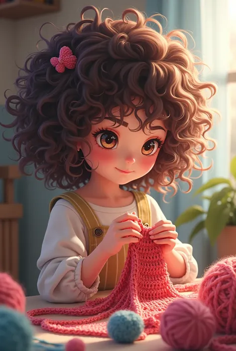 Curly anime girl crocheting 
