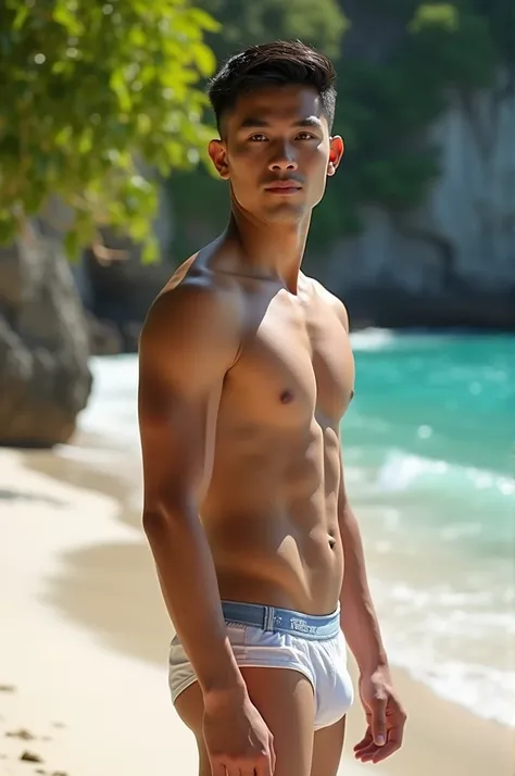 a young Indonesian man with a bare chest wearing underwear on a beautiful natural beach. Full ultra HD realistic effects, high resolution clear images 