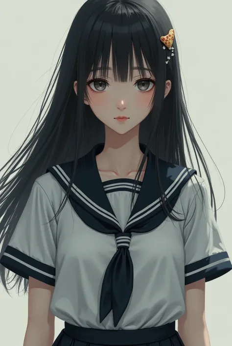 Long-haired girl wearing a Japanese school uniform looks at the camera