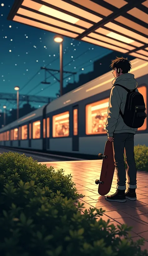 Anime illustration of a guy standing(back view)(far angle view)(far far angle view) in a railway station with his headphone in front of a train nighttime scene at a modern train station with soft, glowing lights, and a person standing near a train. The sta...