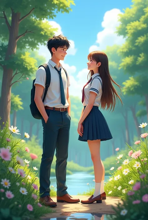 Create an 4 k photoof a young man and woman in school uniforms, pictures of nature.