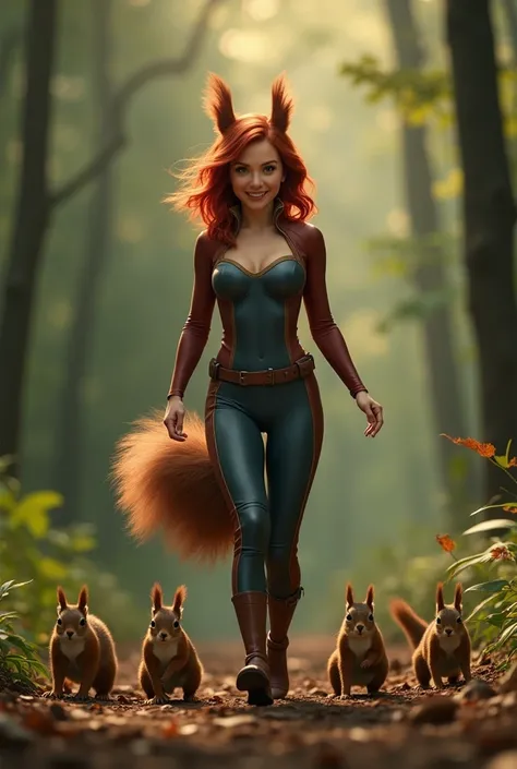 Full body photo of Emma Stone as Marvels Squirrel Girl walking through the forest with squirrels running around her feet. Cinematic, Photorealistic, Red Hair, Animal Ears, Squirrel Ears, squirrel tail, Teeth, Oral Invitation, 1girl, Solo, Breasts, Large br...