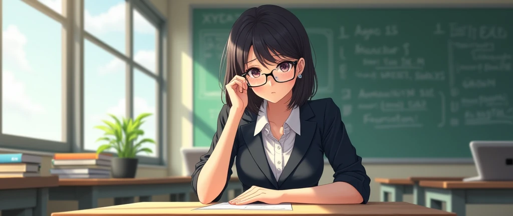 (8k wallpaper, ultra-detailed, beautiful and aesthetically pleasing, perfect lighting, 16K, 8K UHD, soft lighting, kinematic, visual key, high resolution, best quality, masterpiece), anime girl in glasses, table,( teacher, an adult woman: 0.9, ig oobs: 0.6...