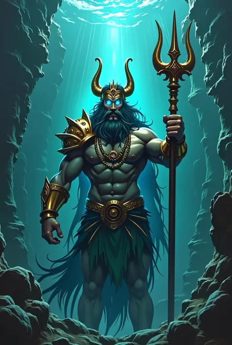 Under water Poseidon holding trident in hand Animal Ears in under water ruins, Backlighting, Jewelry, glowing eyes in the water,,bold,wearing golden crown and heavy jwelleris extreme strong and scary ,wearing heavy royal crown on head
