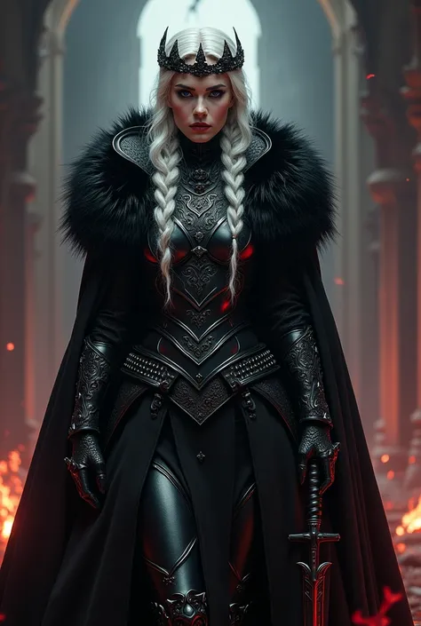 work of art, impressive of a woman khls,  wearing armor and a gothic photo portrait (helmet:1.2), Black Gothic Armor, (intricate black poncho with hood:1.27), lace gold, black gauntlets, inspired by dark souls
  .  with wavy white hair,side braids,beautifu...