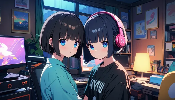 whole body, Upper Body, Messy room, Apartment, 1 girl((blue eyes)) (((Shortcuts、Bobcut、Shiny black hair))) (((Are you wearing your headphones correctly?))) (Oversized black t-shirt), 4K, Warm colors , Dim lighting、Inside the room、80s Fashion、Retro Color、（B...