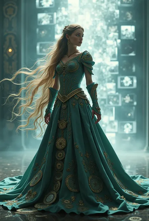 A cinematic photograph of a magical girl in a dynamic pose. She is adorned in a gown of armour that is embellished with intricate, time-themed symbols. Her long, flowing hair is a cascade of moments frozen in time. She can control the flow of time. The bac...