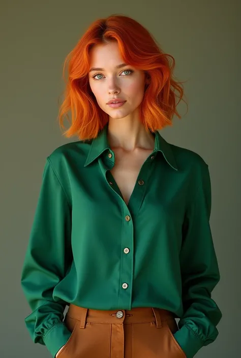 30 year old woman in green shirt and brown pants her hair is orange