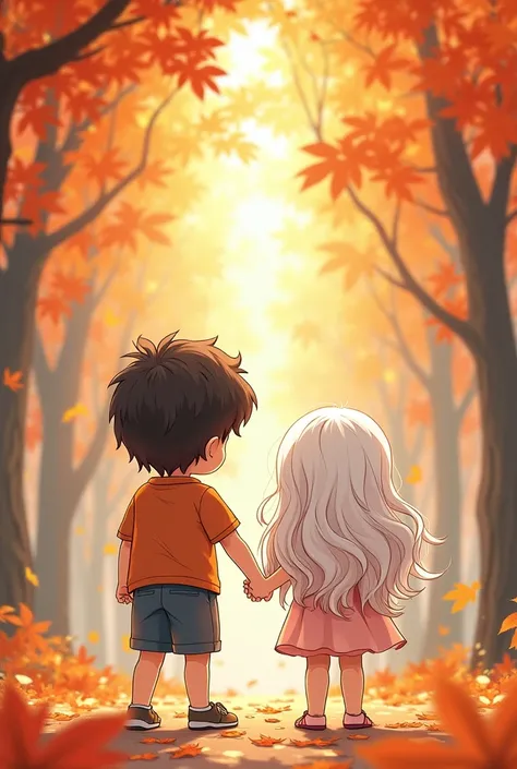 Little white girl with long wavy hair holding hands, A small white boy with thick hair ,Mysterious autumn leaves background, Cartoon , comic book , illustration , Expressing cutely , animation,AI big breasts, Colored pencil 색칠한 텍스쳐 , sketch drawing ,game ,...