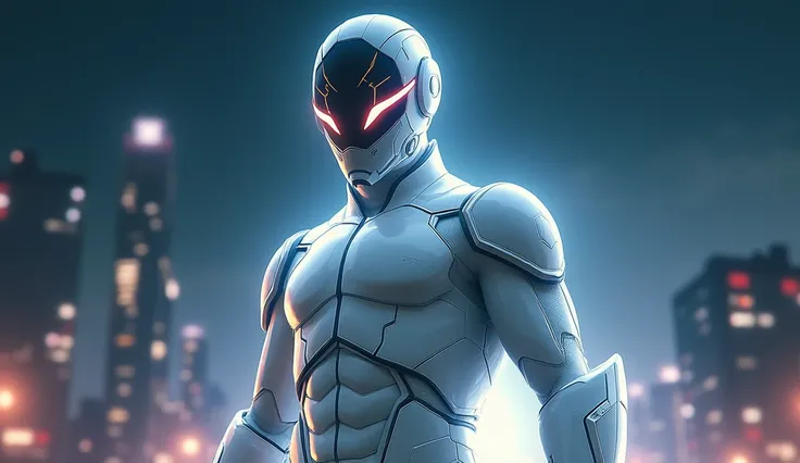 Silver Mask is a tokusatsu hero clad in a white suit, adorned with a silver glossy mask on his face. He stands as a symbol of justice, confidently rising against the backdrop of a city night skyline. His eyes gaze forward with determination, reflecting a f...