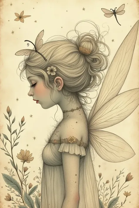 could you create a drawing of a fairy, without being full body, old drawing style, with scribbles, and with some elements around like stars, flores, dragon-fly 