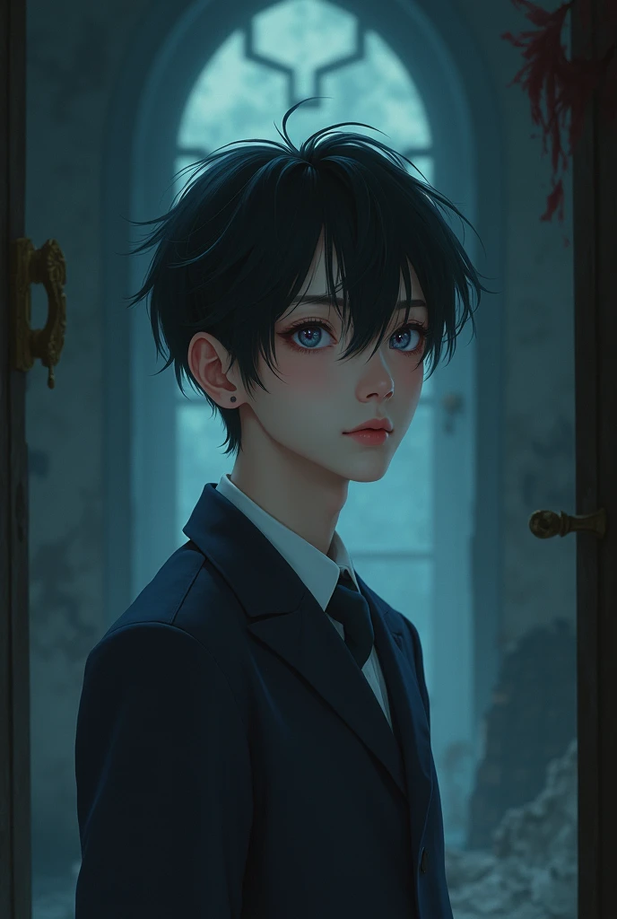 Please help draw a man wearing a Thai school uniform. He has a cute face, fair skin and pink eyes, light blue eyes, and light black hair. He is in a scary room.