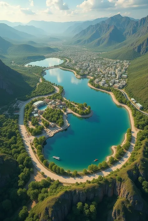 horseshoe-shaped city plan around a circular lake