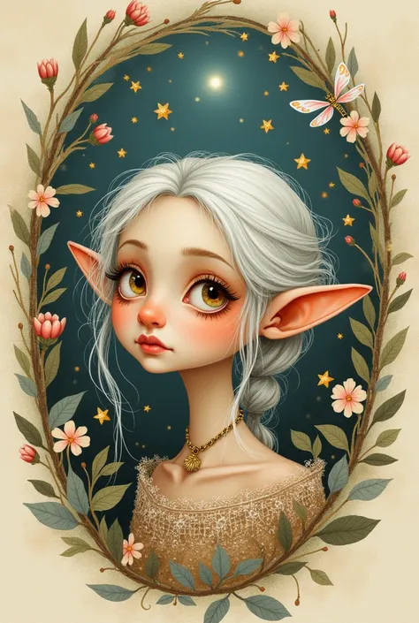 could you create a drawing of a fairy, without being full body, old drawing style, with scribbles, and with some elements around like stars, flores, dragon-fly. With older features