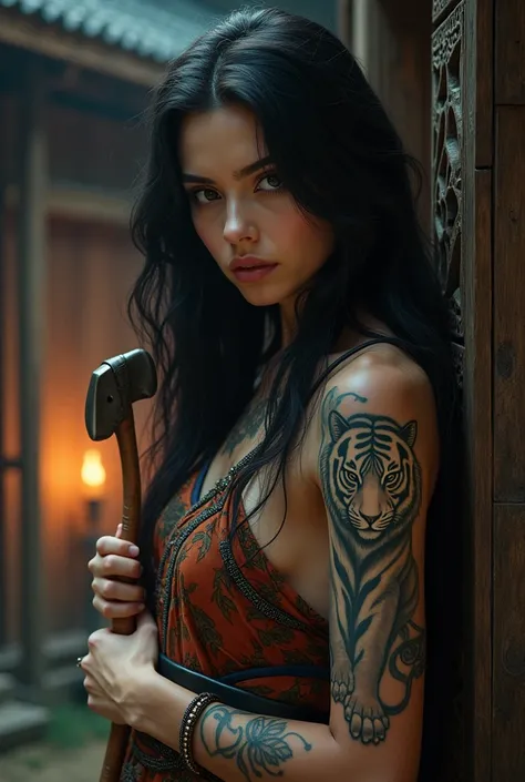 This picture is of a woman with a beautiful tiger tattoo on her back. She has long, shiny black hair that flows down. She is leaning against the structure of an ancient wooden house that has beautiful carvings in the middle of a night-like atmosphere. Ther...