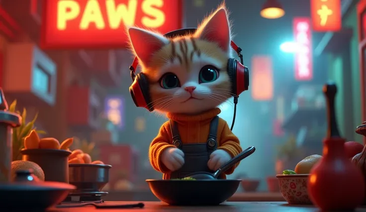 ((Best Quality, 8k, masterpiece: 1.4)),((Amazing details: 1.3)),((figure, ヘアスタイル casual: 1.2)),((High resolution: 1.1)), A cute cat is standing, wearing headphones and holding a wok while cooking、Cassette Tape、casual, Fashionable, Soft Light, colorful, Dep...