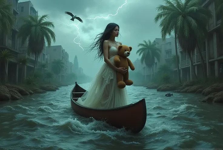 In the style of a realistic painting, in the middle of a futuristic post-apocalyptic abandoned city flooded by the rough sea, a beautiful naked young pregnant woman with black hair in a torn and dirty transparent wedding dress hugging a giant teddy bear on...