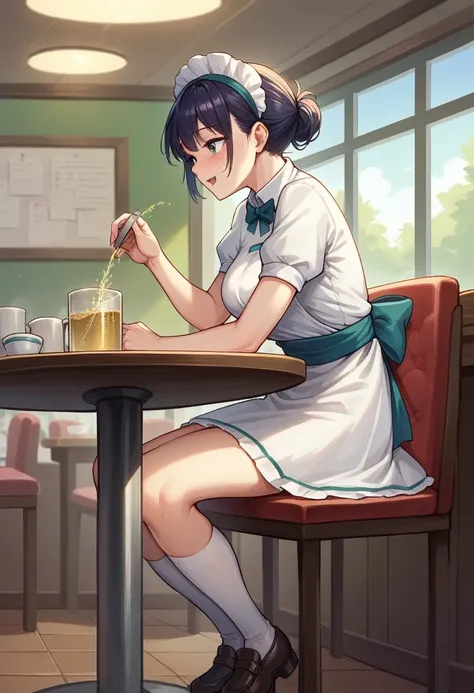 One girl, solo, waitress, on a desk, family restaurant, seating, M-shaped legs, M-shaped legs on a table, urine, peeing, urination, peeing lively, pouring pee into a cup, putting pee in a cup, peeing in a cup