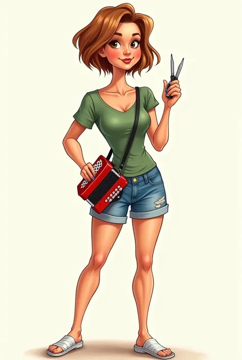 Créer un dessin caricature dune femme cheveux  
carré chatain de petite taille, avec un short en jean, un t-shirt vert, des tongs, un accordéon rouge dans la main