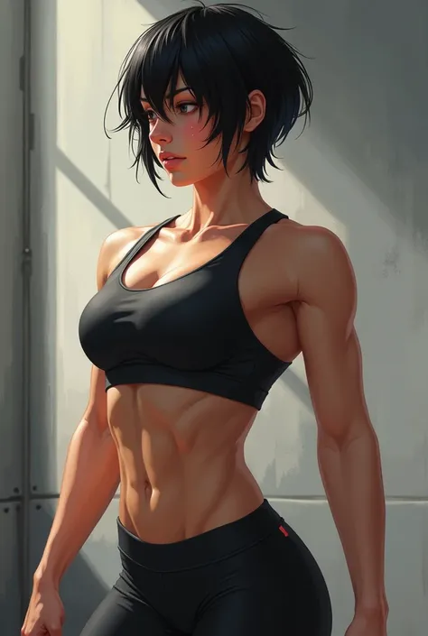 Toned body，Black Hair，short hair，Sportswear，Gym，Sweat，side，blush，Elevation