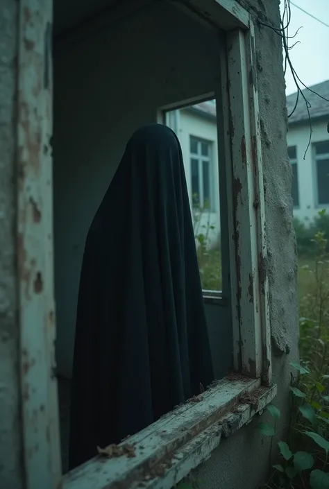 Hijab ghost watching from abounded house window horror  make it look real from 8 meter distance like someone take photos black hijab 