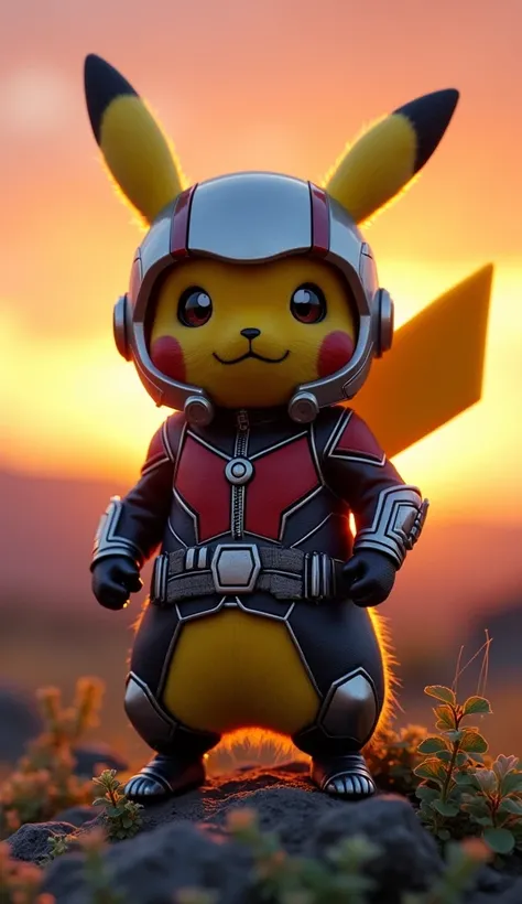 8k、High resolution、Super detailed、solo、Pikachu in an Ant-Man suit、、Pikachu&#39;s face with his helmet open、Standing on a small plant、Sunset Background、Villain