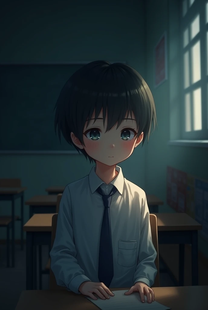 A cute boy in a school uniform, with light black hair, fair skin and pinkish skin, light blue eyes and light brown hair, is in a dark classroom.