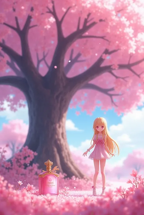 Anime woman, long yellow hair, pink eyes, short fluffy pink and white dress under a large sakura tree and a luminous pink perfume bottle, wide photography