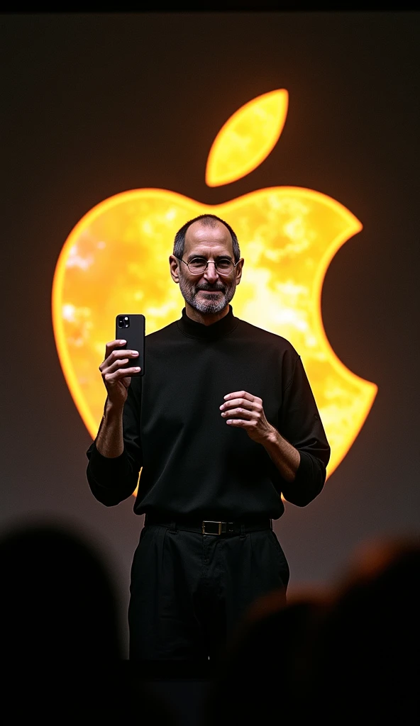 Steve Jobs, centered on stage, with a bold glow around him to highlight his presence. In one hand, hes holding an iPhone, exaggerated slightly to make it pop visually. The background features a split: one half showing the classic Apple logo, the other half...