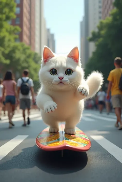 A white realistic fluppy cat is riding a surfboard in the road, people are walking near him,