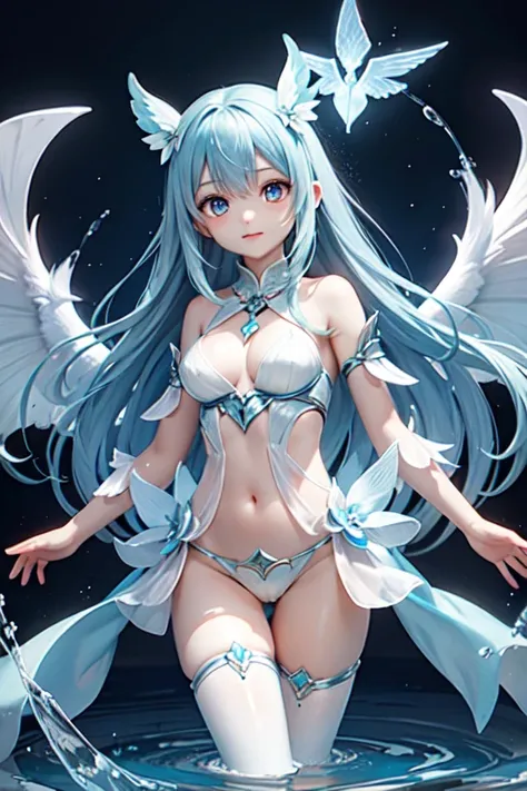 Fantasy spirit characters, The power to control water, Transparent light blue wings, Sparkling Eyes, Slim figure