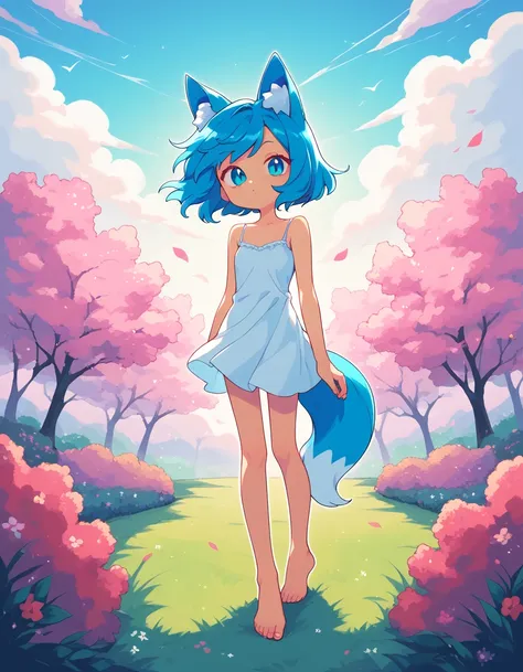 1girl, fox ears, blue hair, barefoot, white camisole, animal ear fluff, standing, full body, floating clothes, wind, garden, sli...