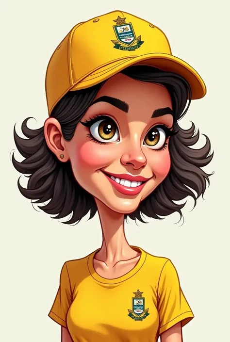 Créer un dessin caricature dune femme cheveux  
carré chatain de petite taille, she has a yellow hat, a Stade Rochelais t-shirt