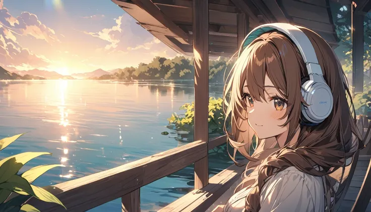 Girl with headphones on,Brown Hair,1 person,bright,Detailed Background,「Quiet lakeside」 Relax by the lake