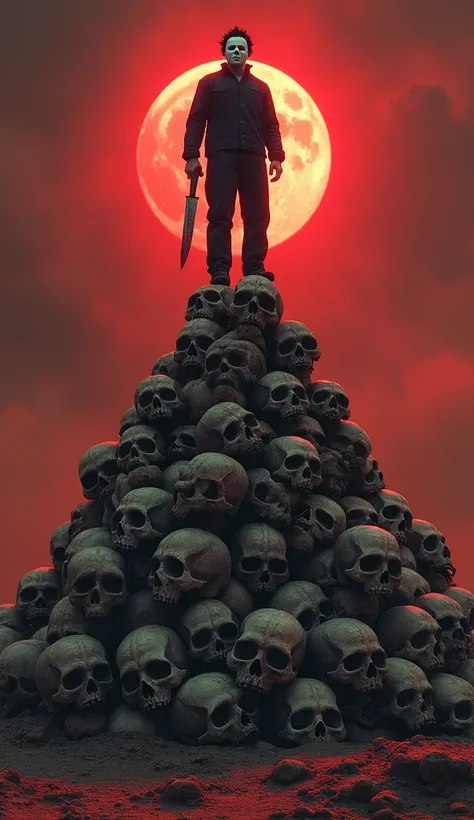 A pyramid of skull and Michael Myers holding knife and standing the pyramid of skull 