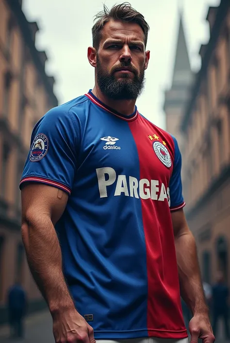 Scottish male full body in a rangers fc football shirt