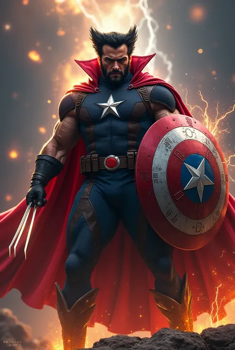 Wolverine hold captain america shield and wear dr strange cloak