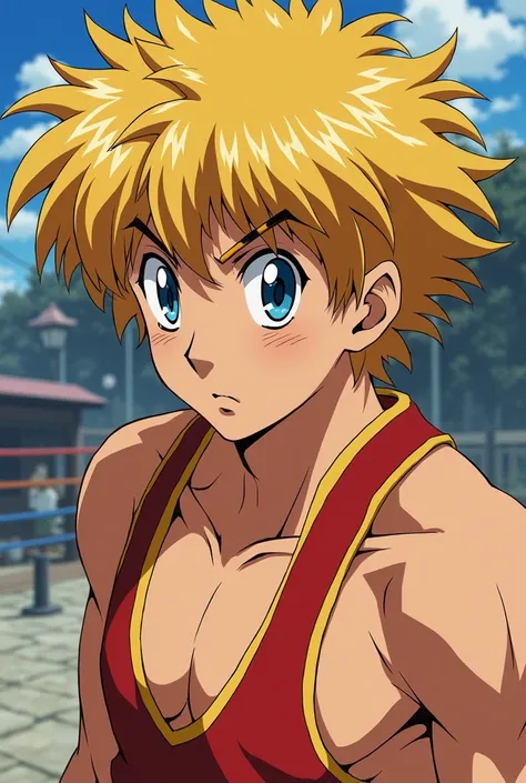 Hajime no ippo old style anime blond fluffy hair character with blue eyes thats 20 years old with lean physique 