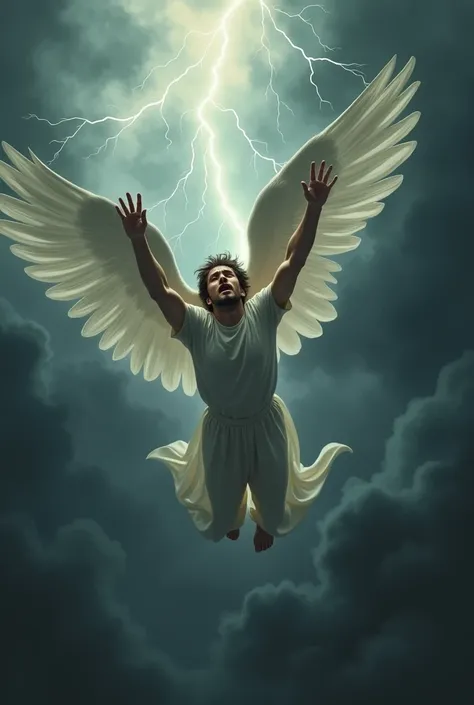 
A thirty-year-old man with dark brown hair, a sad face, white clothes and wings on his back is ((he is falling on his back)) with his arms raised high. The sky is dark with black clouds and lightning Image similar to the fall of Icarus from Greek mytholog...