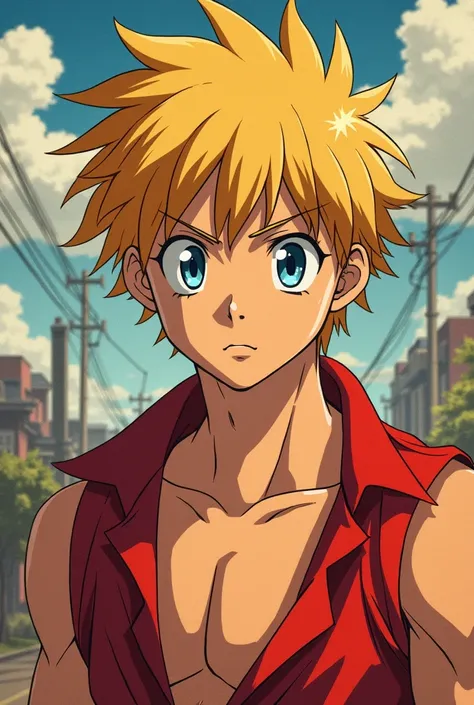 Hajime no ippo old style anime blond fluffy hair character with blue eyes thats 20 years old with lean physique 