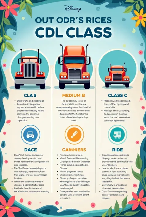 Disney style on screen size 16:9 A table or chart displaying the three CDL classes with truck icons for each class (Class A, Class B and Class C).