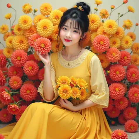 Photorealistic cinematic acrylic painting, with beautiful Korean women with smooth white skin and perfectly maintained faces, black hair bun up Korean style with bangs,eye accessories looking at the camera posing smiling holding a bunch of yellow roses, we...