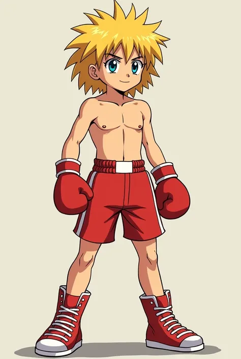 Hajime no ippo old style anime blond fluffy hair character with blue eyes thats 20 years old with lean physique boxer 