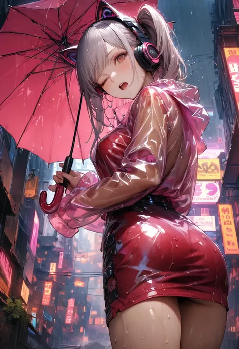 (best quality, masterpiece:1.2), 8k, very aesthetic, absurdres, high resolution, detailed face, official art, realistic, brown eyes, swept bangs, side ponytail, long hair, silver hair, robot cat ears, headphone, food, (oversized Transparent open raincoat:1...