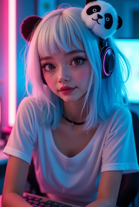 A female streamer with white and blue hair and a panda hair clip. 