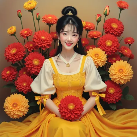 Photorealistic cinematic acrylic painting, with beautiful Korean women with smooth white skin and perfectly maintained faces, black hair bun up Korean style with bangs,eye accessories looking at the camera posing smiling holding a bunch of yellow roses, we...