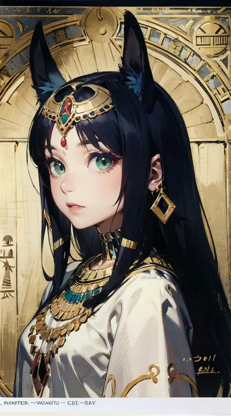 anubis (monster girl encyclopedia), masterpiece, beautiful, green eyes, egyptian clothes, mksks