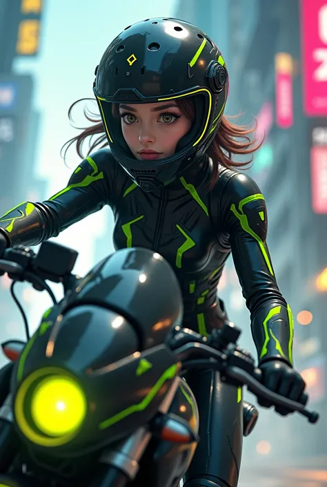 Highest image quality, outstanding details, ultra-high resolution, (realism: 1.4), the best illustration, favor details, highly condensed 1girl, with a delicate and beautiful face, dressed in a black and green mecha, wearing a mecha helmet, holding a direc...