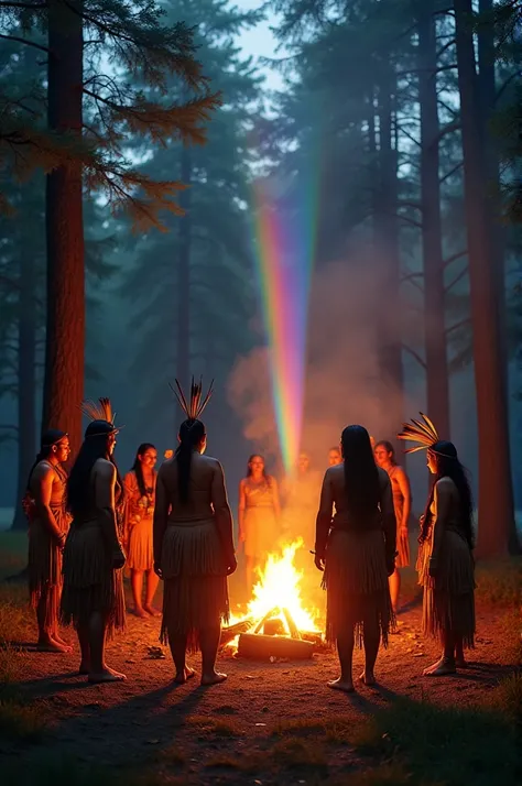 Circle with several Indians in a clearing at the bonfire in the forest dancing with a rainbow